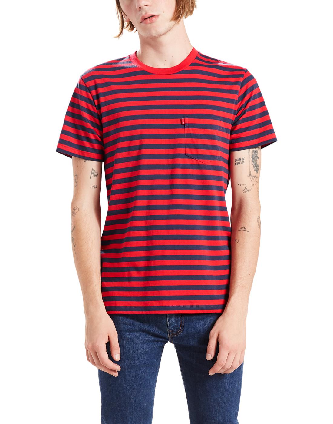 LEVI'S Men's Retro Mod Stripe Sunset Pocket T-Shirt Red/Navy