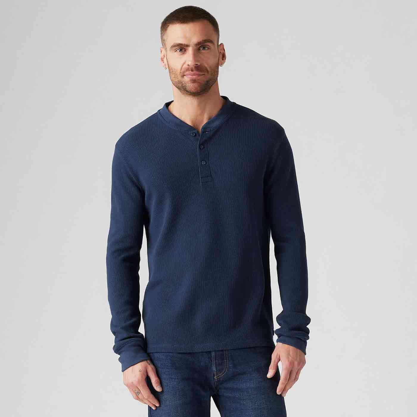 Levi's Men Retro Thermal Three Button Henley Shirt Navy Blazer