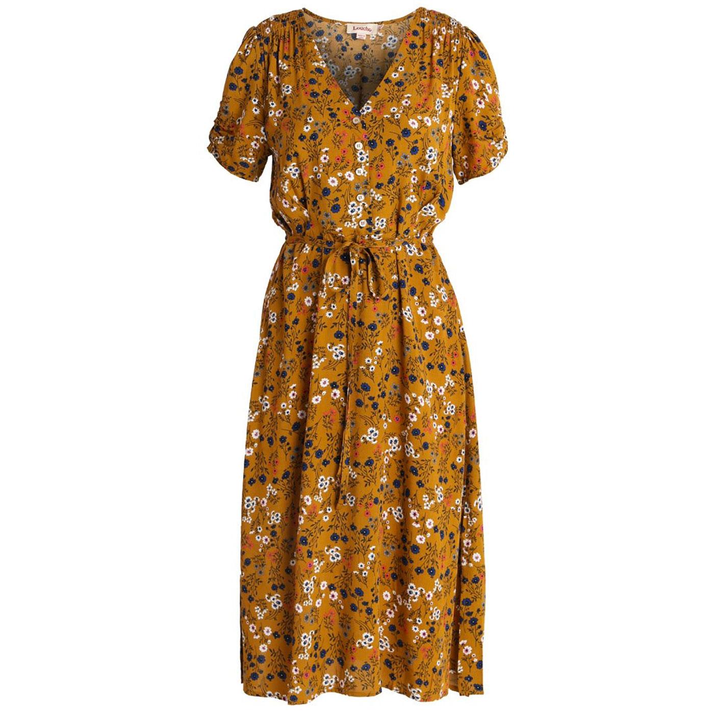 LOUCHE Chantel Retro 70s Ditsy Long Tea Dress in Mustard