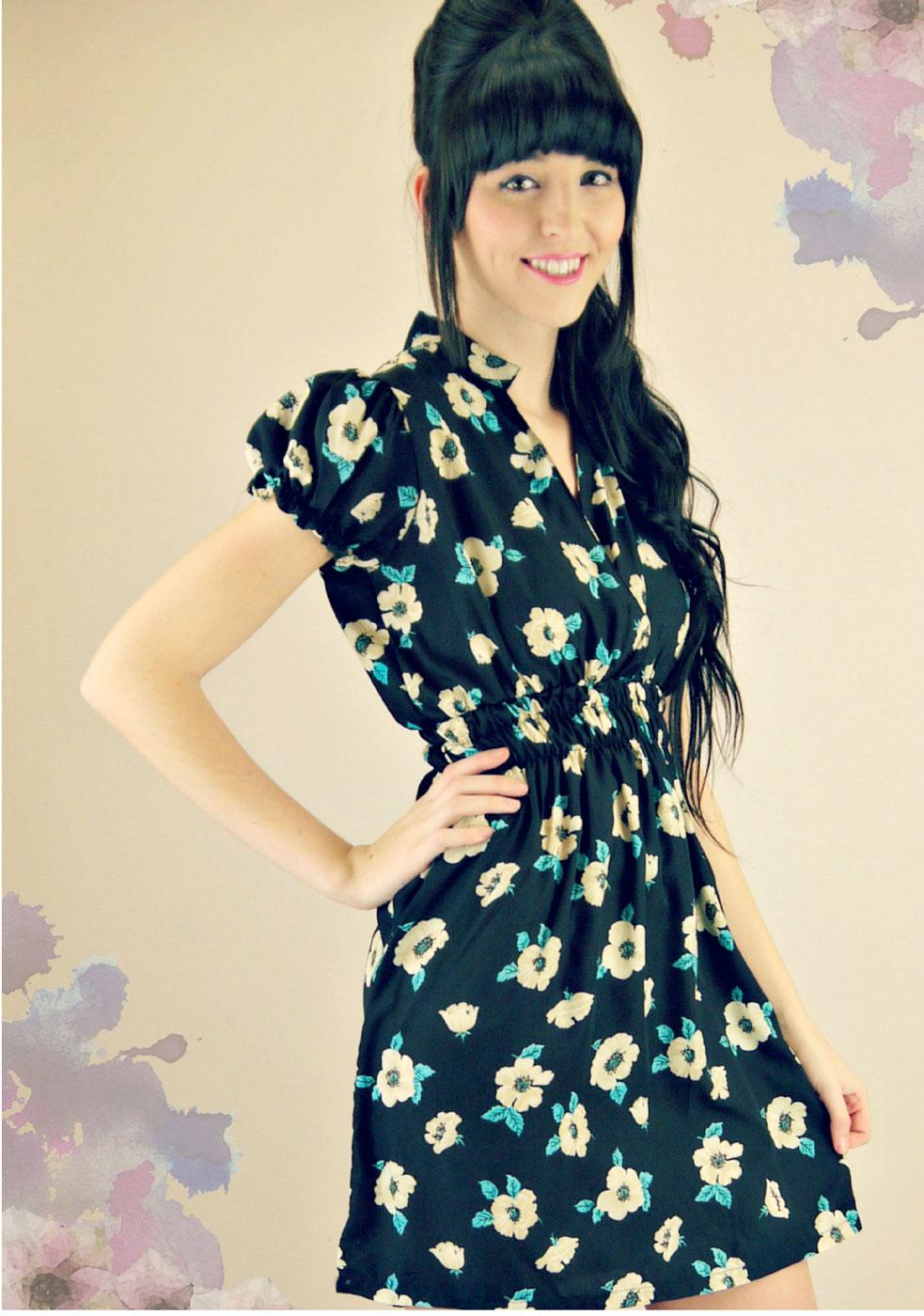 Deirdre Black Floral LOVESTRUCK Retro Tea Dress 