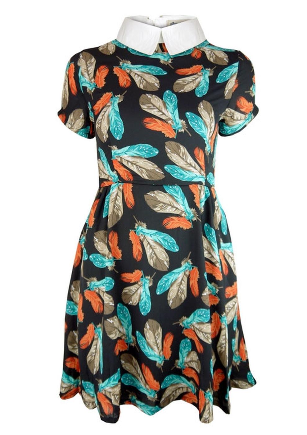 LOVESTRUCK Jasmine Retro 60s Feather Print Mod Collar Dress