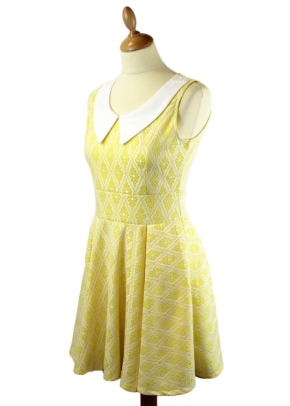 LOVESTRUCK Kimberly Retro 60s Mod Lace Overlay Dress in Yellow