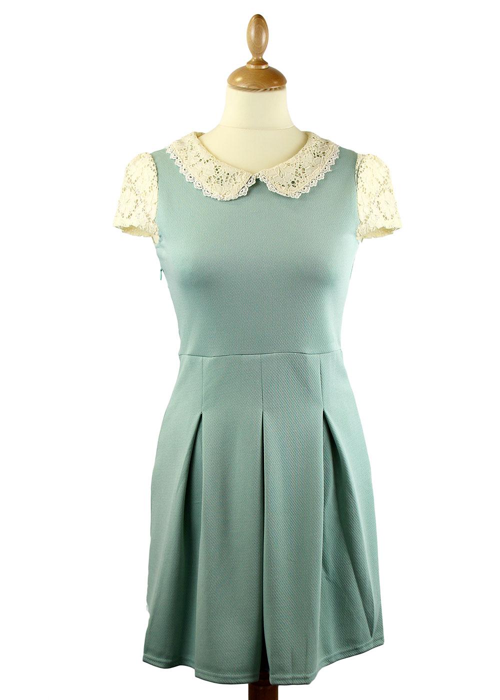 LOVESTRUCK Mary Retro 60s Mod Short Sleeve Lace Trim Dress Sage
