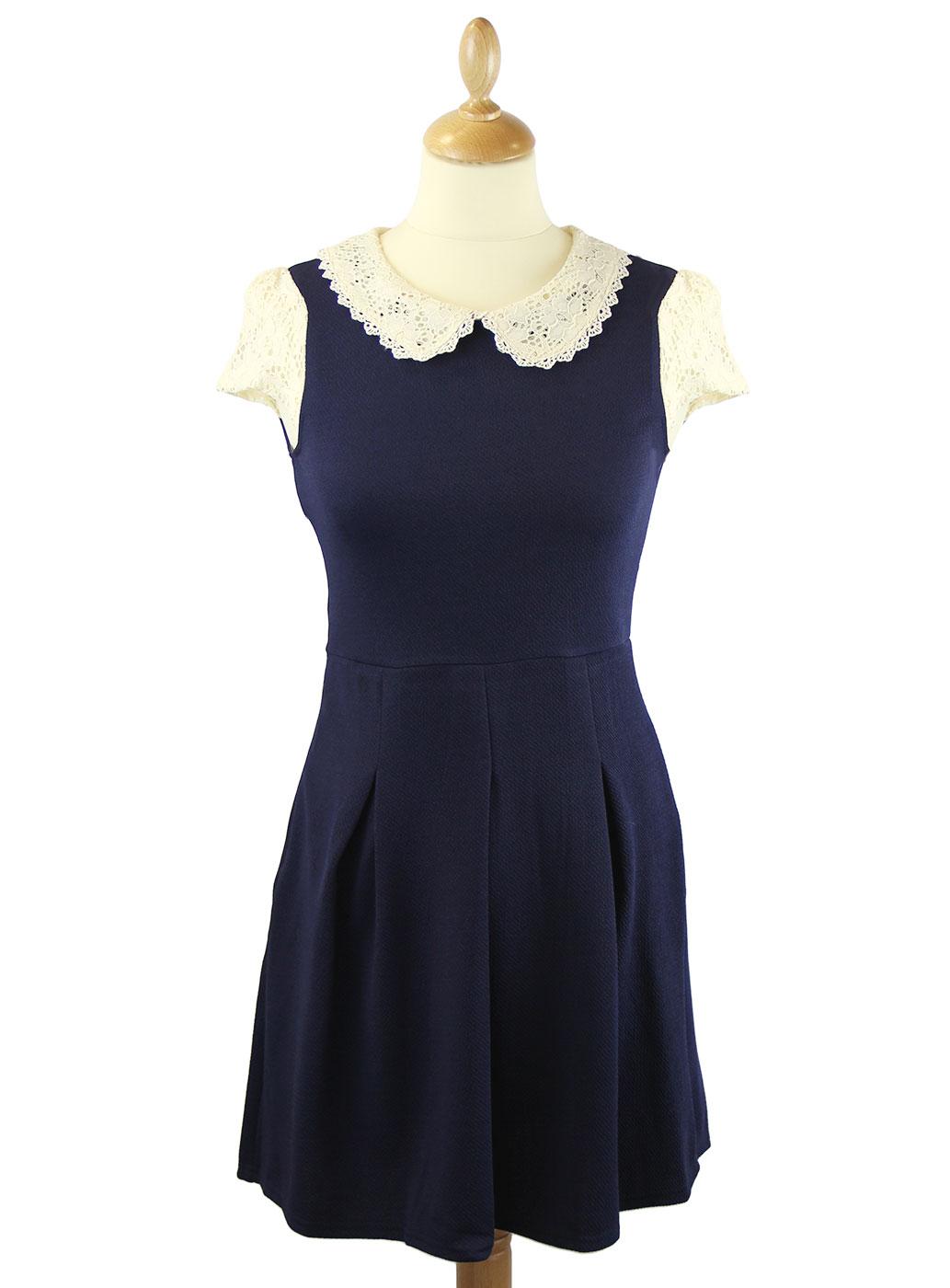 LOVESTRUCK Mary Retro 60s Mod Short Sleeve Lace Trim Dress Navy