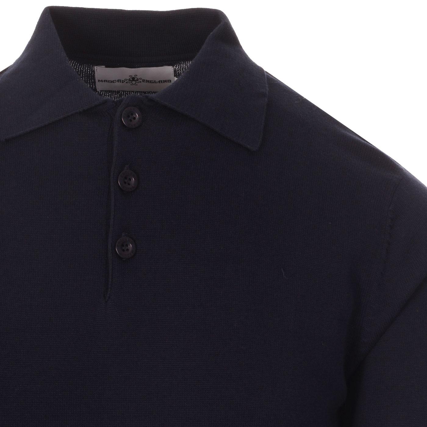 MADCAP ENGLAND Brando Retro 1960s Mod Knitted Polo Shirt in Navy