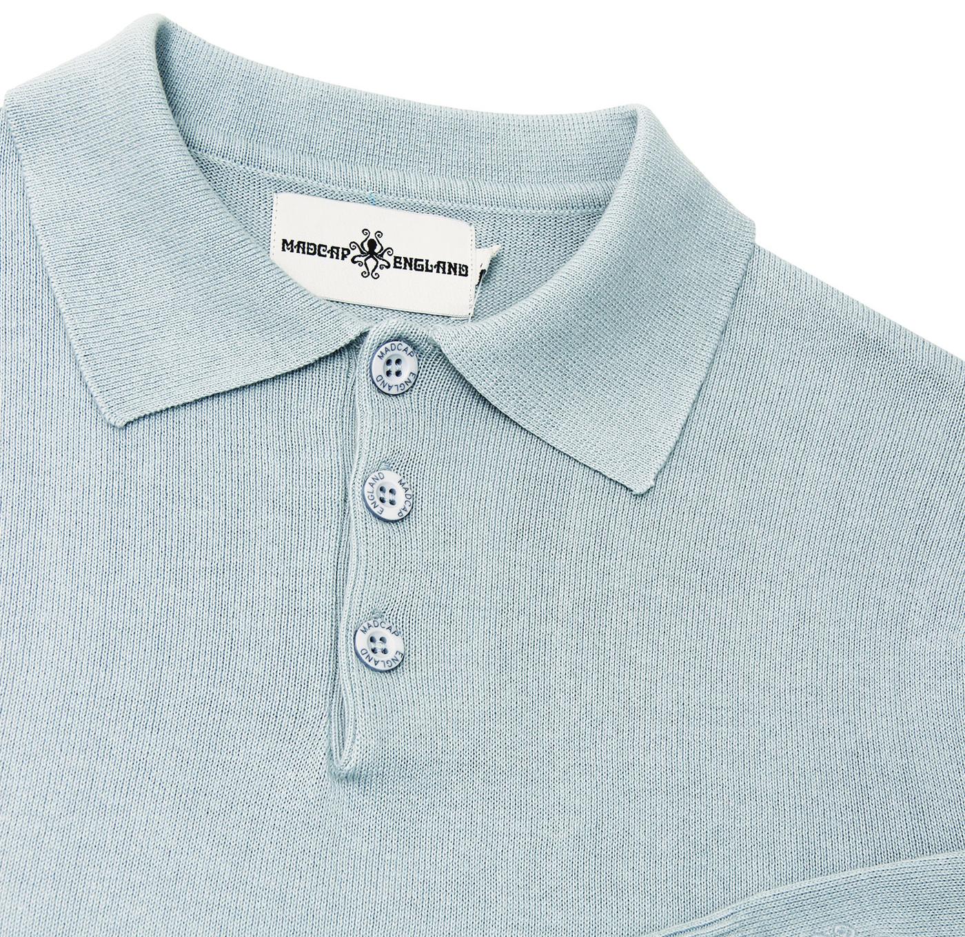 MADCAP ENGLAND Brando 60s Mod Knit Polo Shirt Blue Fog