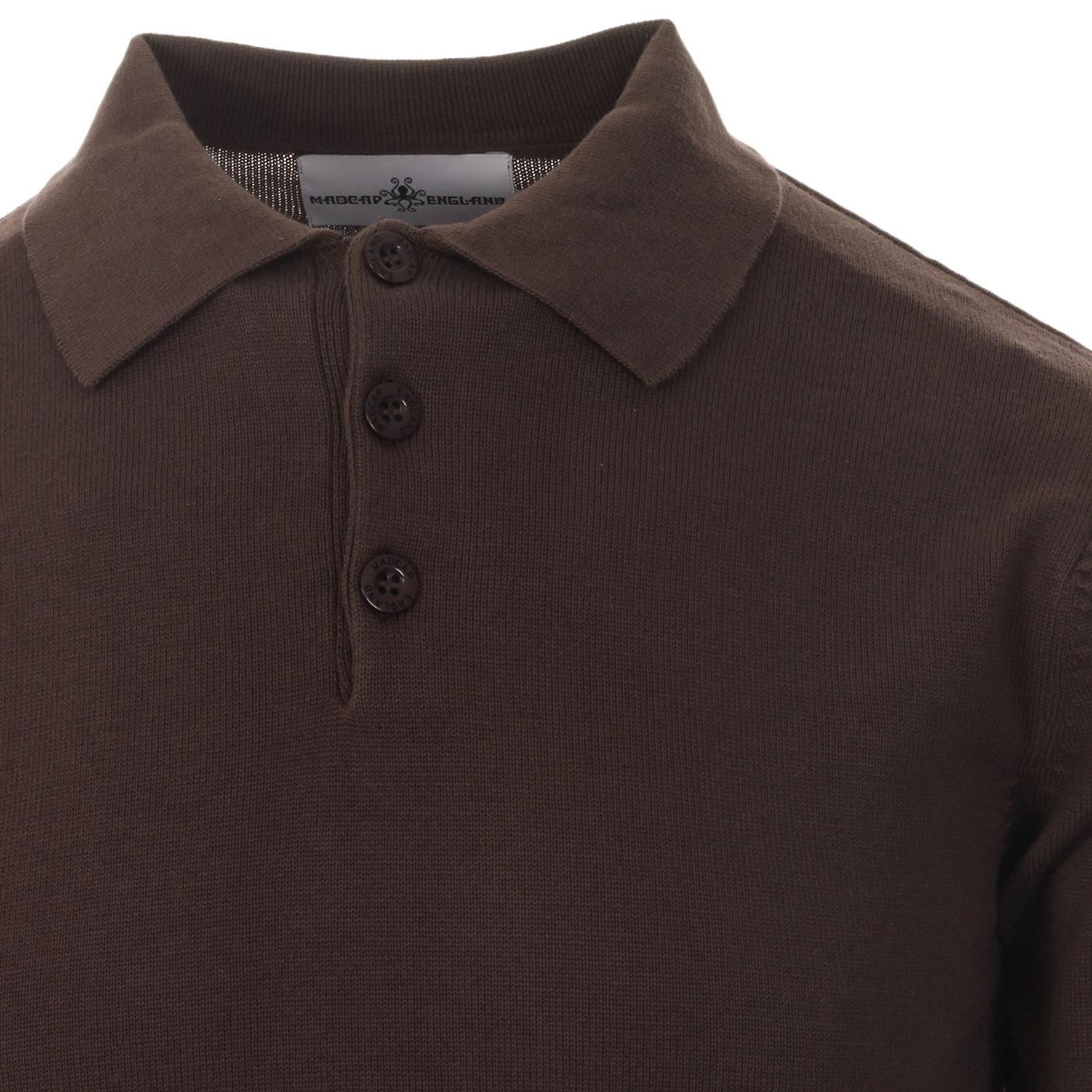 MADCAP ENGLAND Brando 60s Mod Knit Polo Shirt Graphite Brown