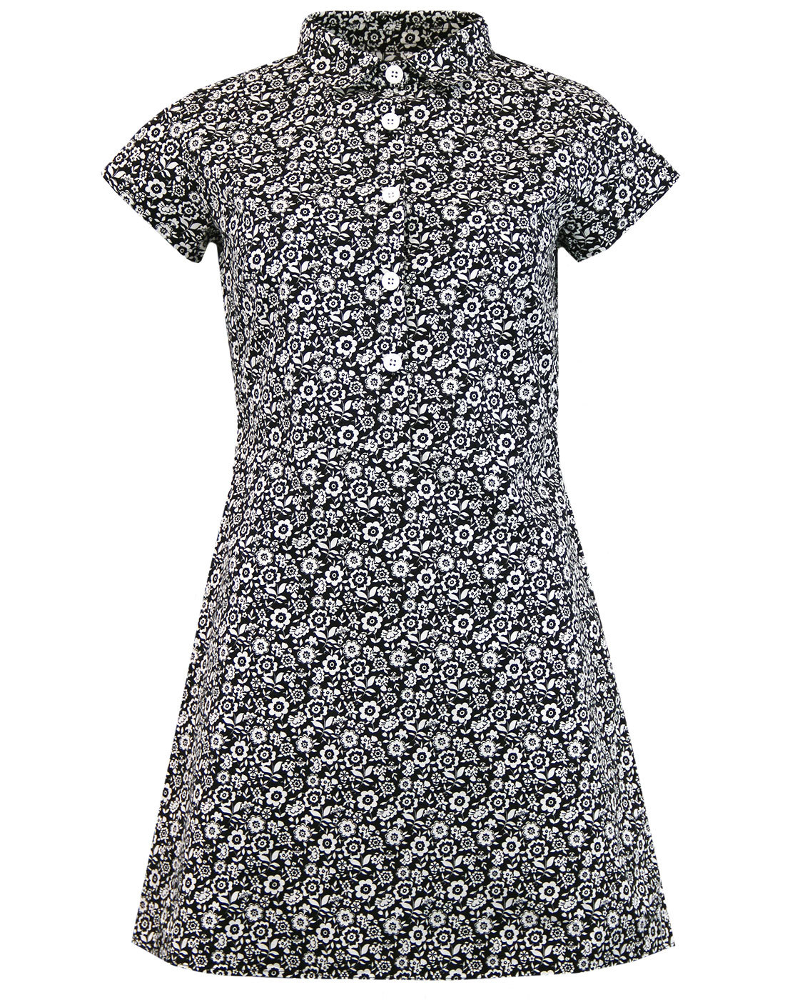 MADCAP ENGLAND Jane Retro 1960s Mod Floral Shirt Dress in Black