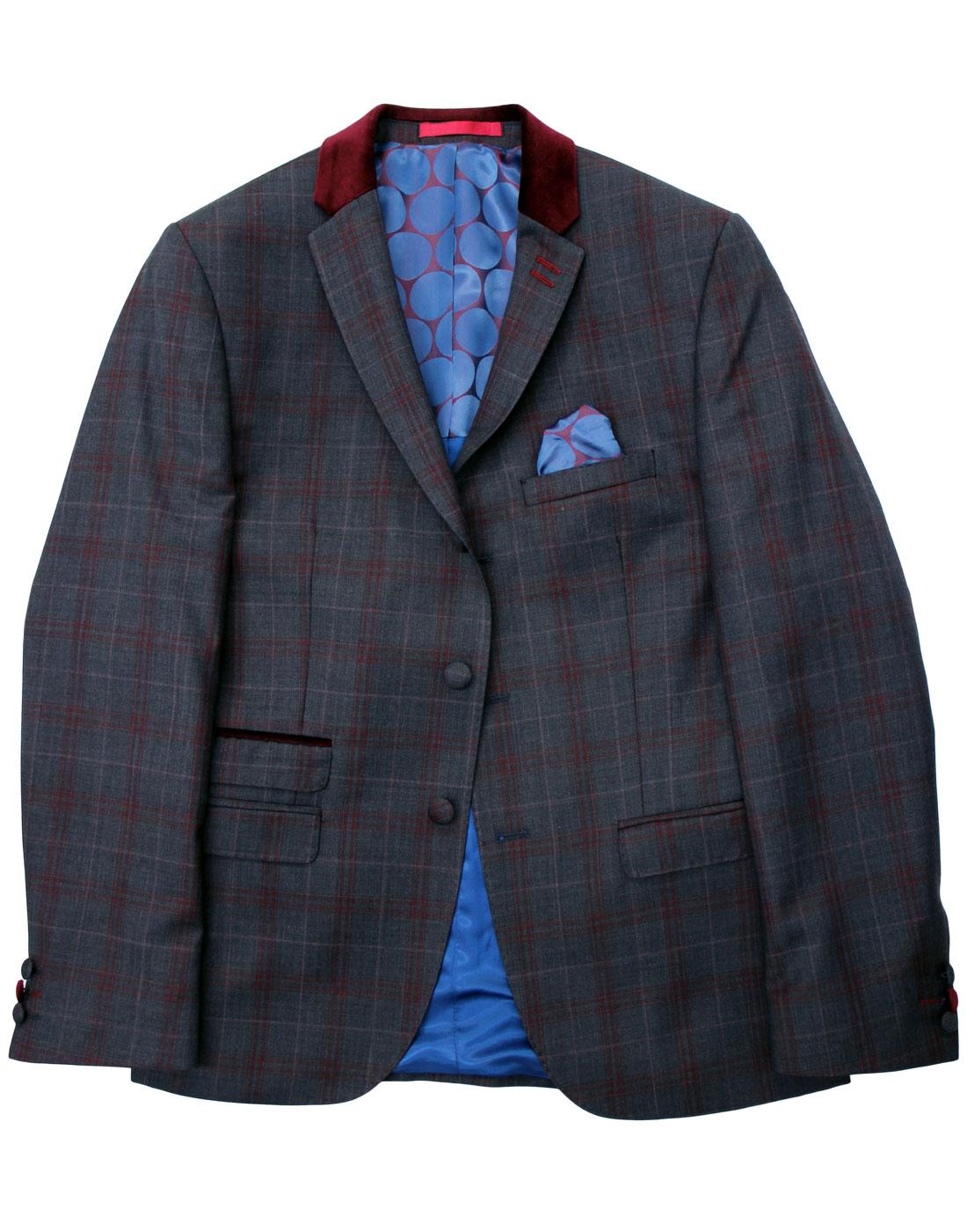 MADCAP ENGLAND Mod Plaid Check Velvet Collar 3 Button Suit Jacket