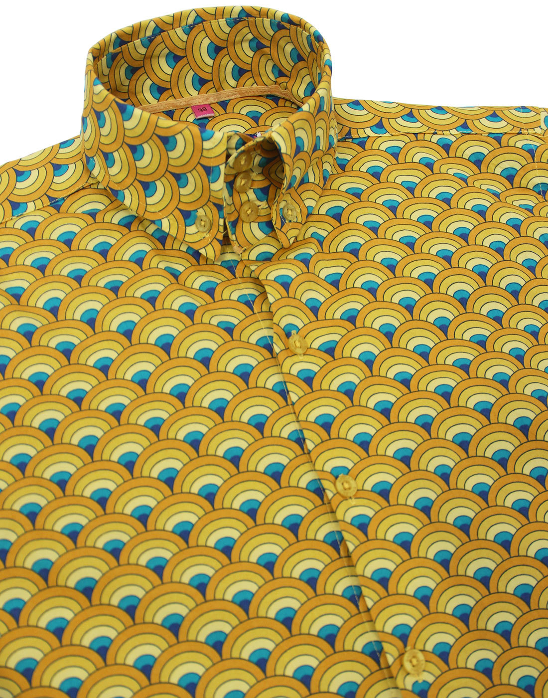 MADCAP ENGLAND Peacock Retro Mod Op Art Rainbow Shirt in Yellow