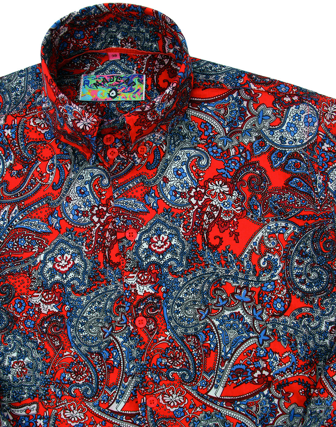 MADCAP ENGLAND Sunset Paisley Retro 60s Mod Big Collar Shirt Red