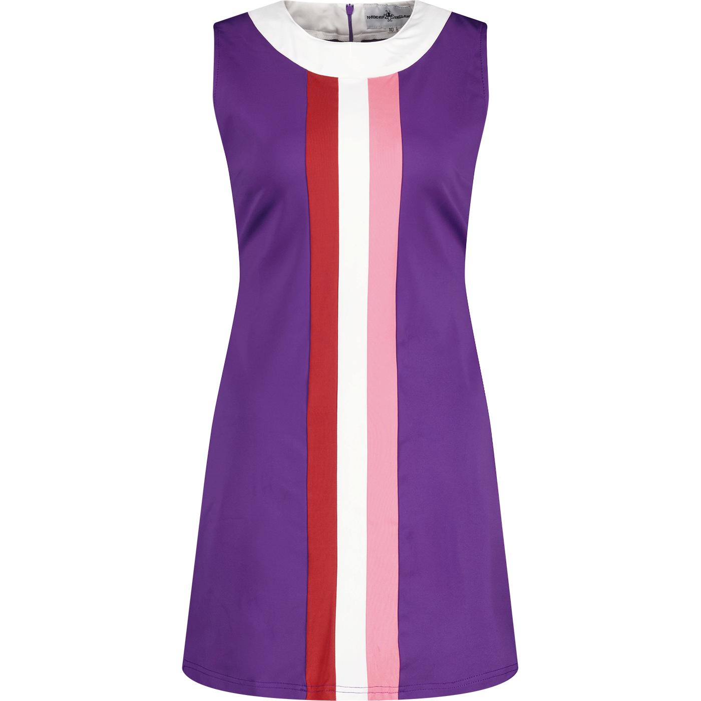 Madcap Polly 1960s Mod Stripe Panel Mini Dress in Purple