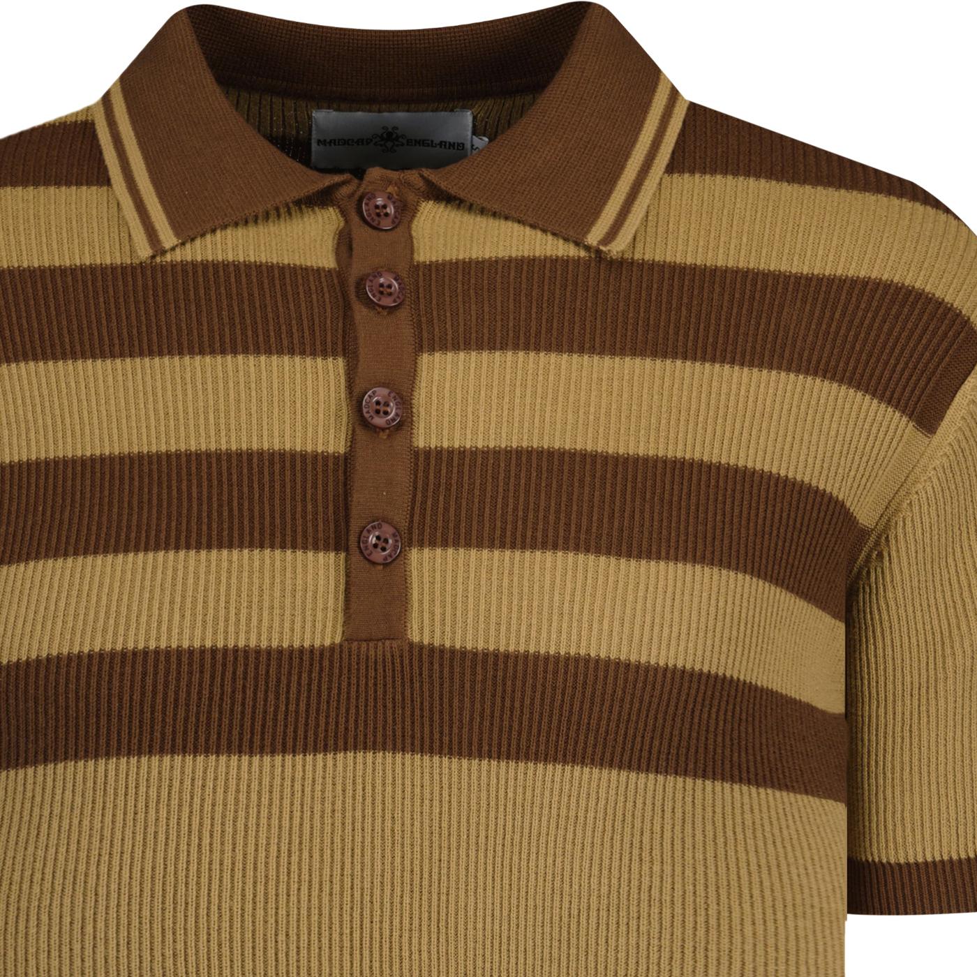 MADCAP ENGLAND Terry Retro Mod Ribbed Stripe Knit Polo Caramel