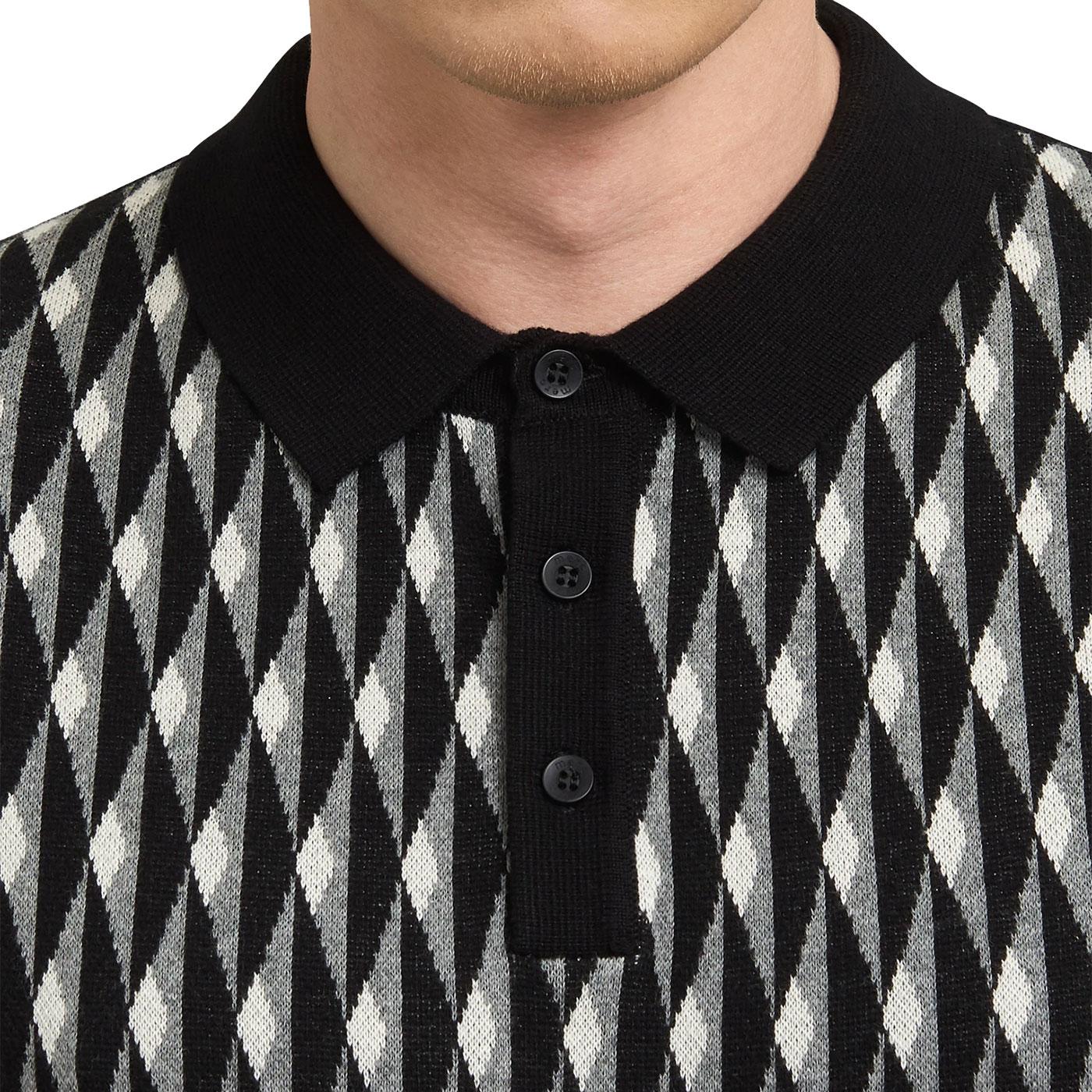 MERC 'Austin' Mens Knitted Geometric Jacquard Polo in Black