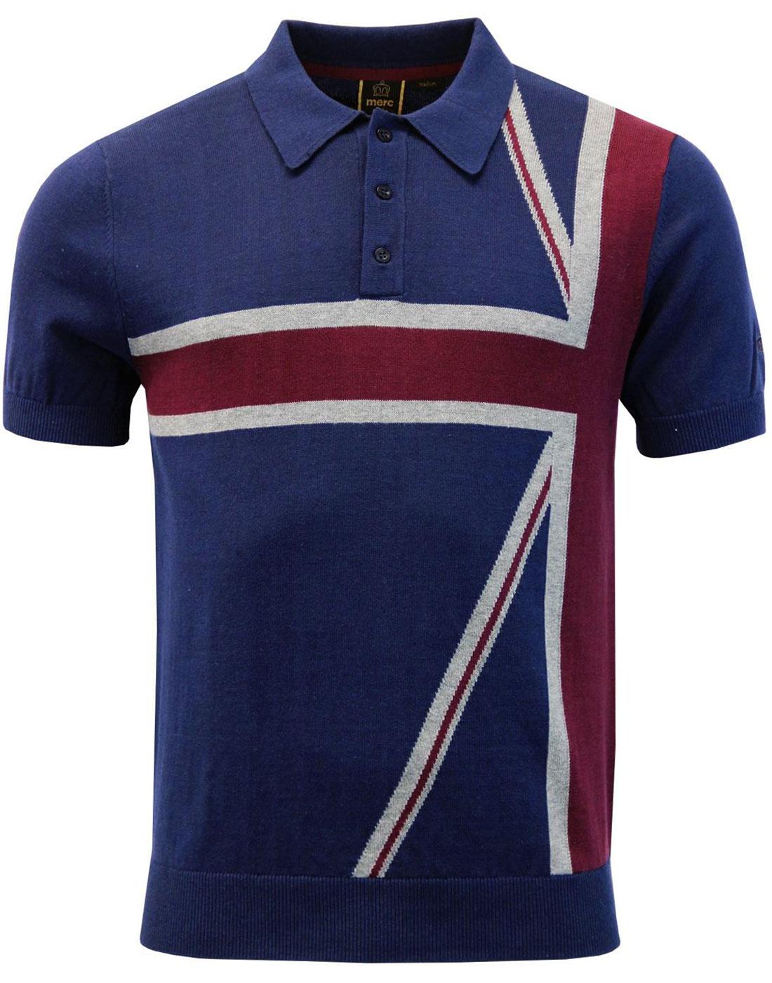 MERC Castle Retro 1960s Mod Union Jack Knitted Polo Shirt in Navy