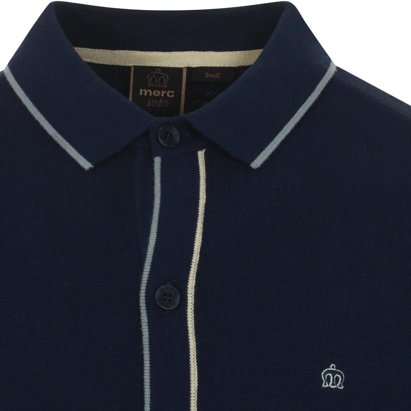 MERC Devon 60s Mod Tipped Knit Button Through Polo Navy