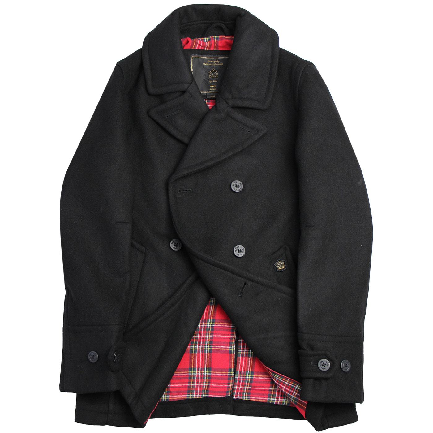 MERC Doyle Retro Mod Tartan Lined Melton Pea Coat in Black