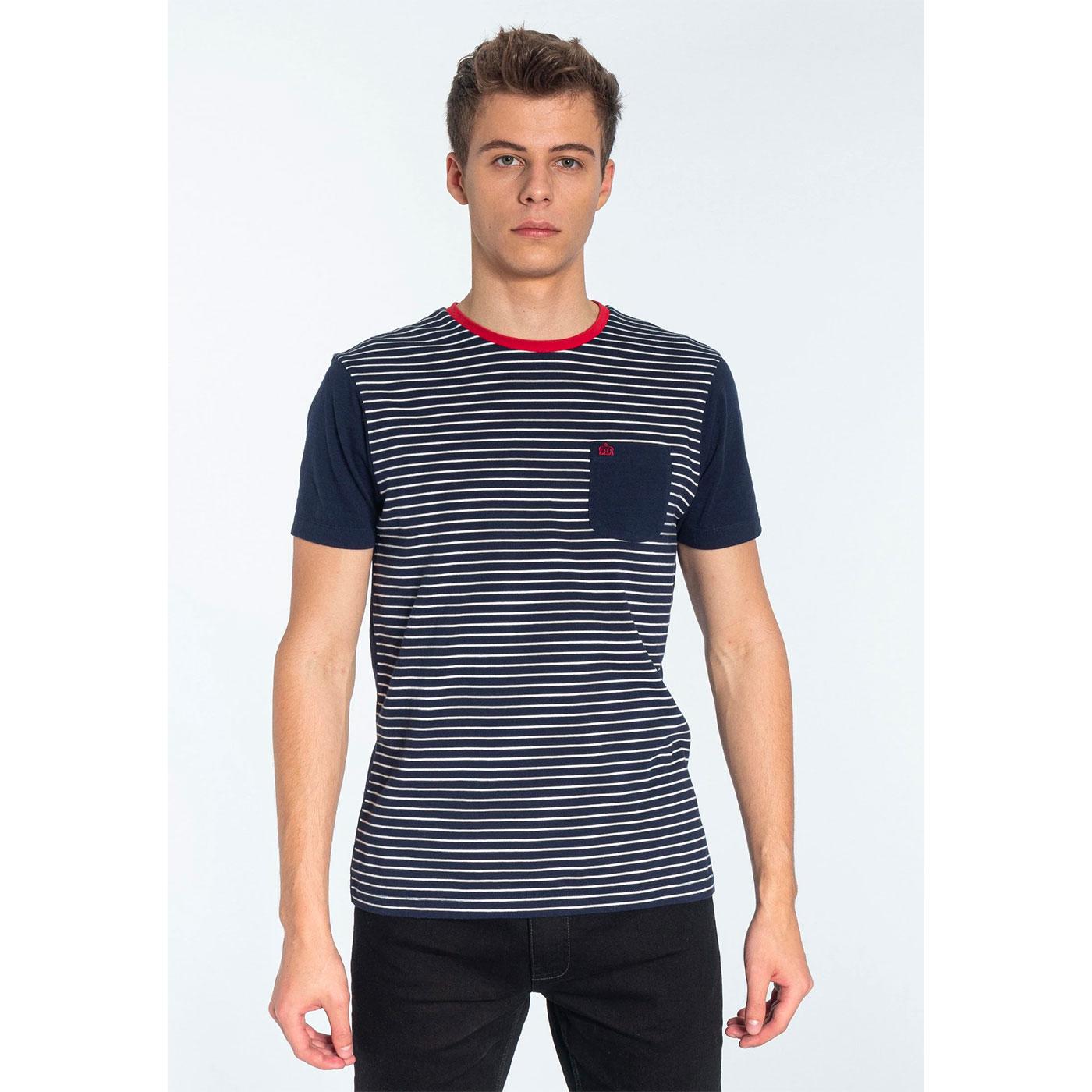 MERC Eaton Retro 70s Fine Stripe T-Shirt in Navy