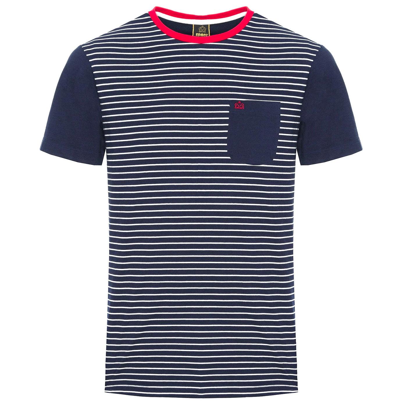 MERC Eaton Retro 70s Fine Stripe T-Shirt in Navy