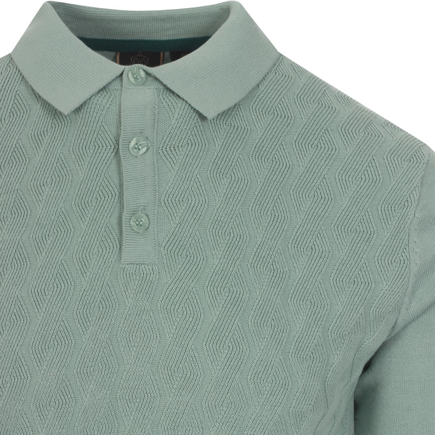 MENS MERC LONDON KNITTED CABLE KNITTED COTTON POLO SHIRT HALMORE SEA GREEN