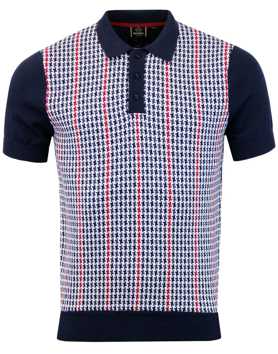 MERC Picton Retro 1960s Mod Multi Dogtooth Knitted Polo in Navy