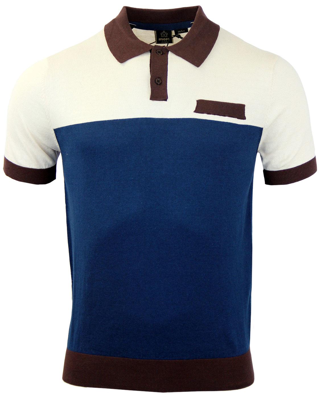 MERC Malibu Retro 60s Mod Stripe Panel Knit Polo Shirt in Brown