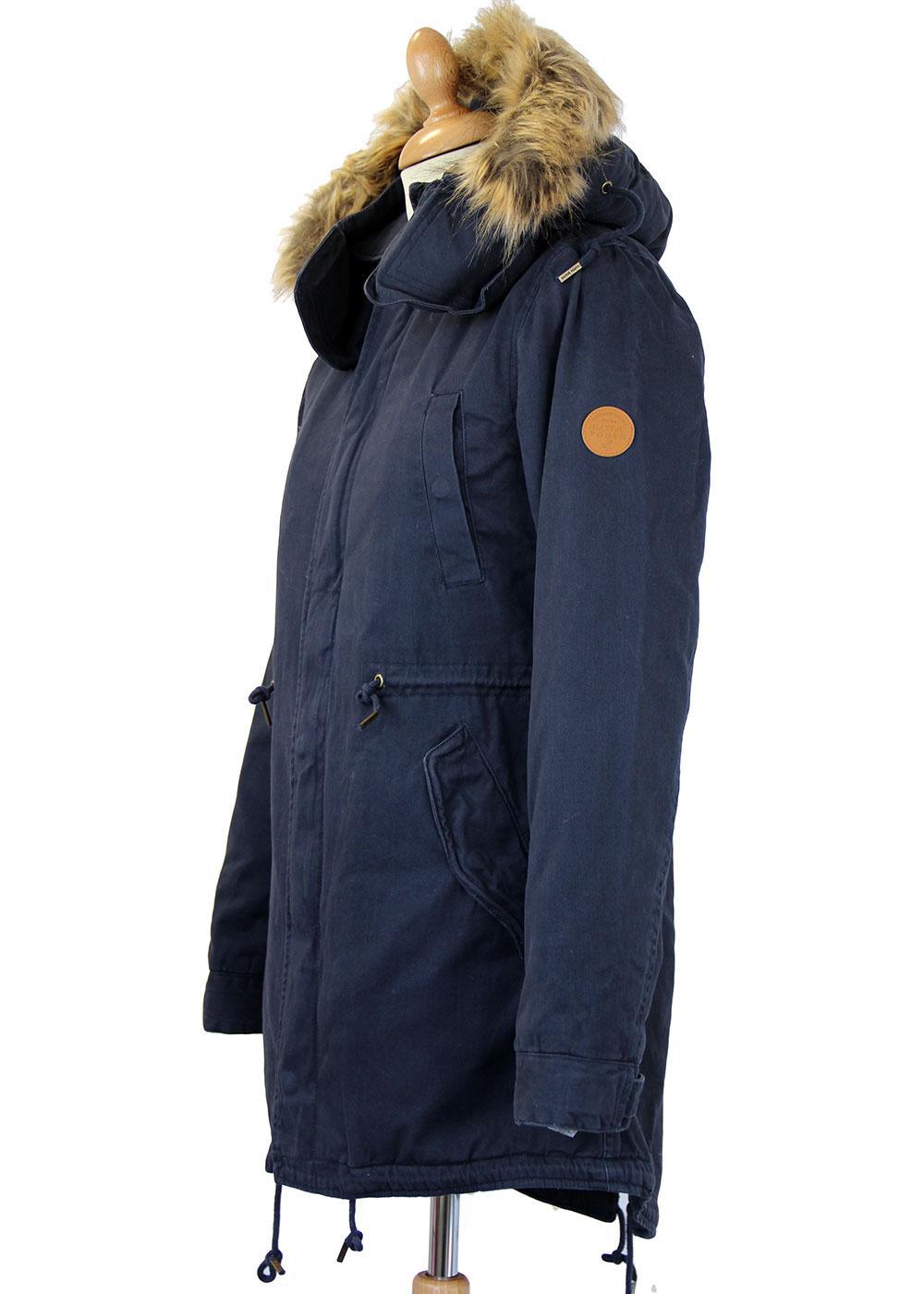 NATIVE YOUTH Retro 60s Mod Sherpa Lined Fishtail Parka in Navy