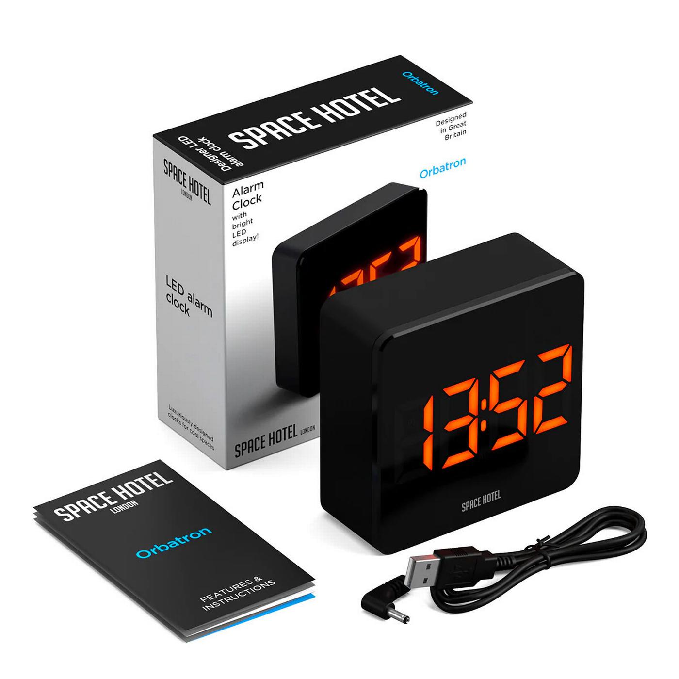 NEWGATE CLOCKS SPACE HOTEL Orbatron Alarm Clock in Black/Orange