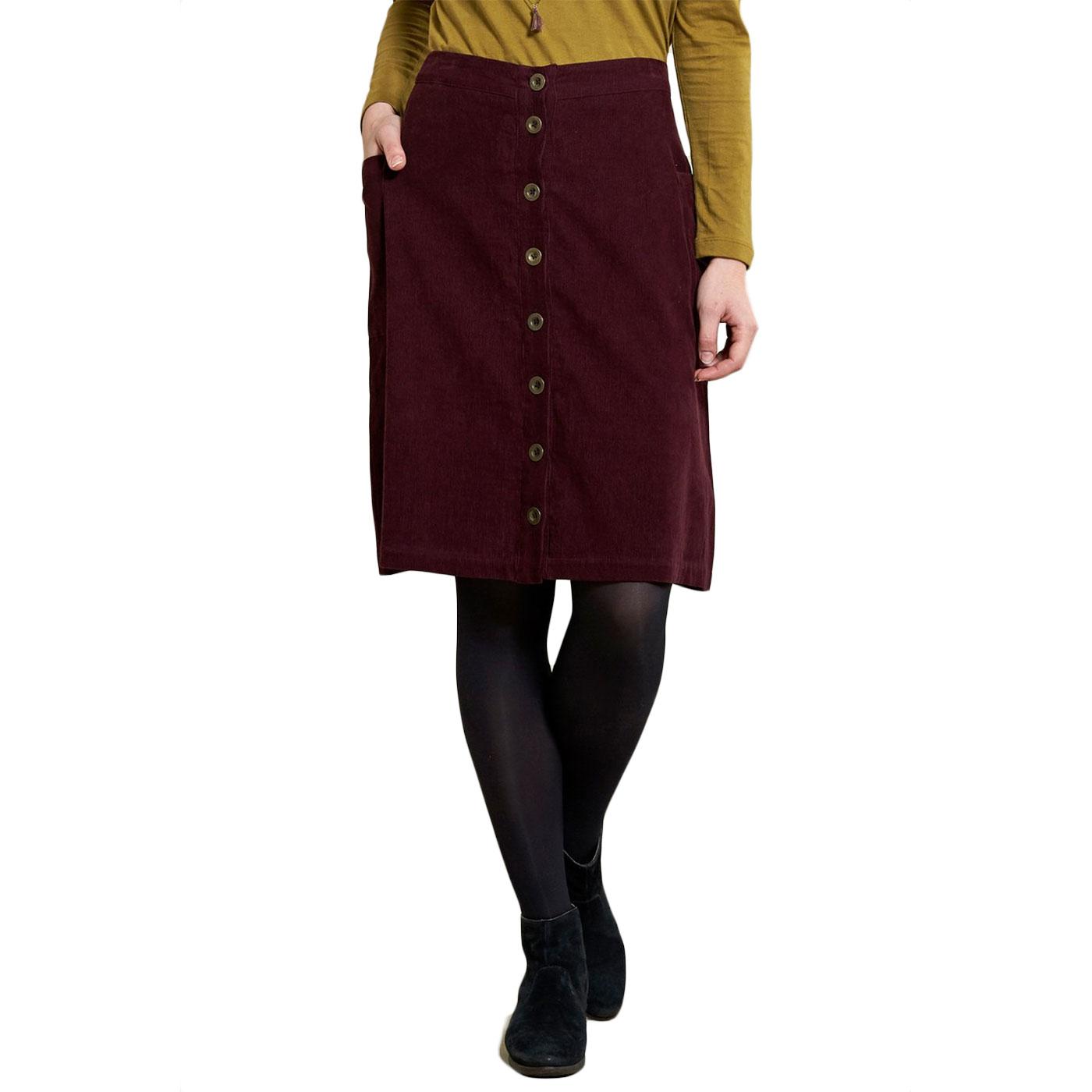 NOMADS Button Front 70s Retro Cord Midi Skirt In Plum