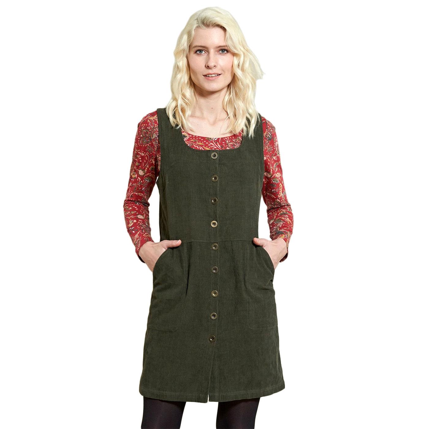 Button Front NOMADS Retro Cord Pinafore In Khaki