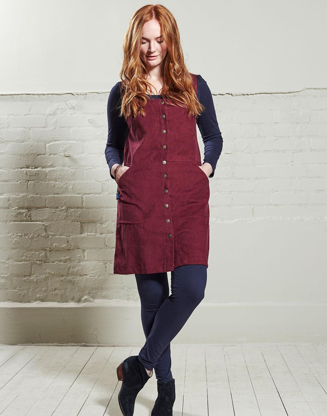 NOMADS Retro 70s Needlecord Dungaree Dress in Fig Red