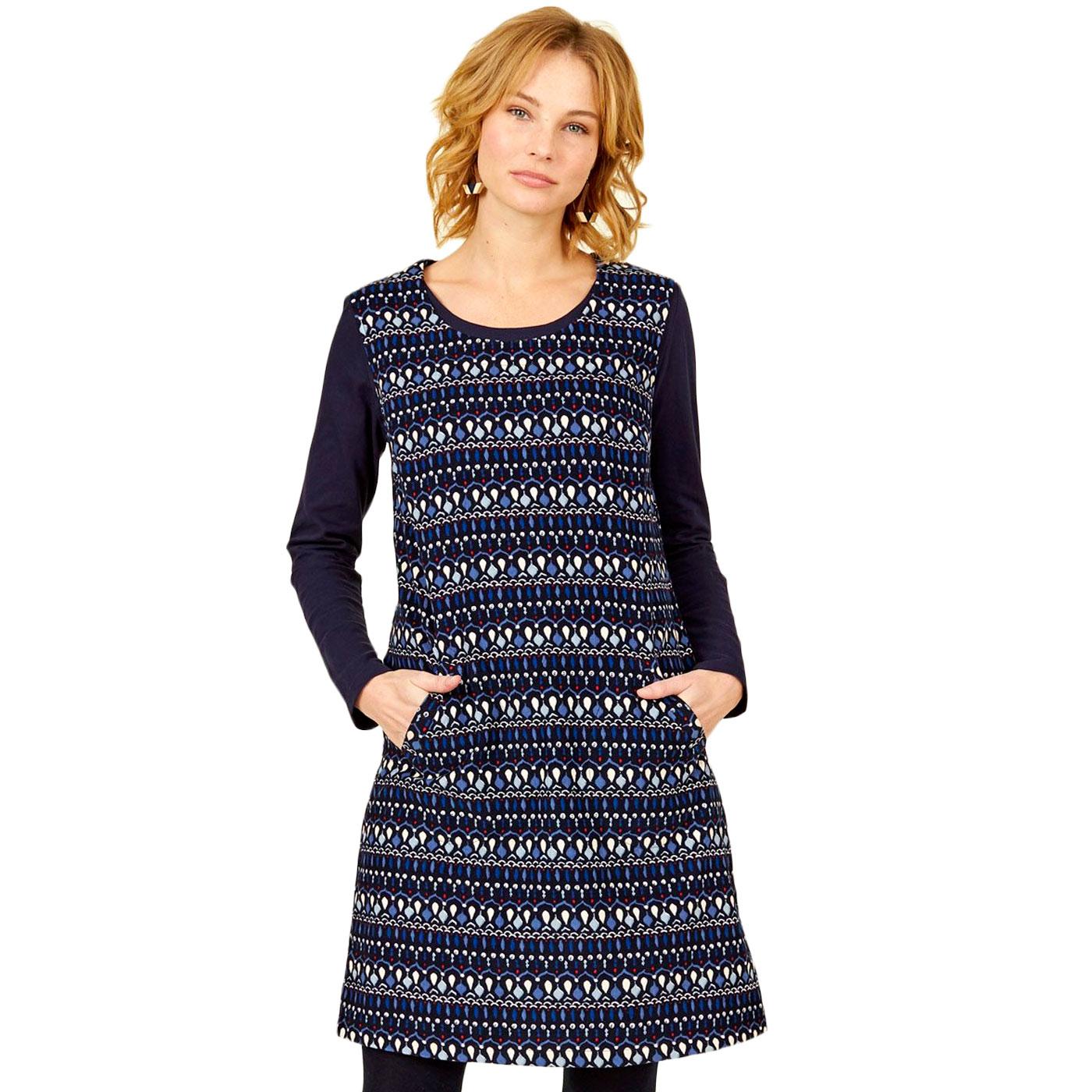 NOMADS Button Back Retro Cord Printed Pinafore Dress Navy