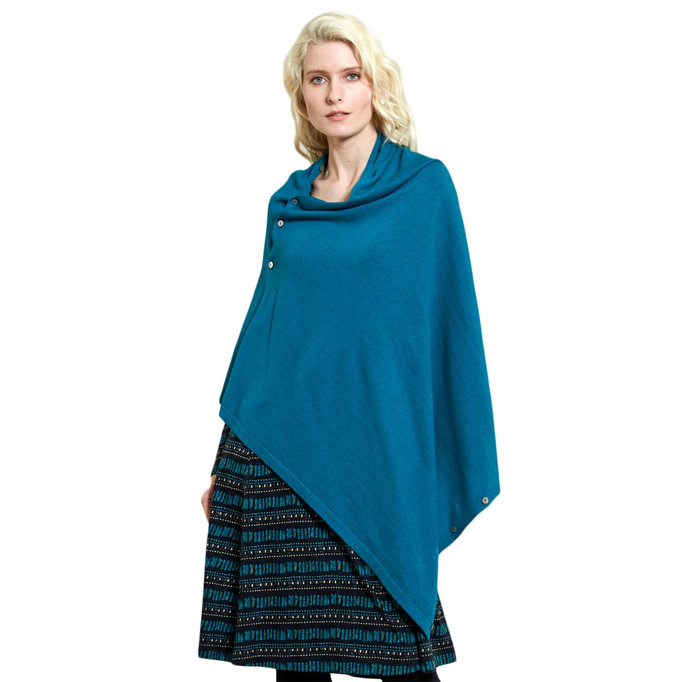 Button Up NOMADS Vintage Wool Poncho In Turquoise