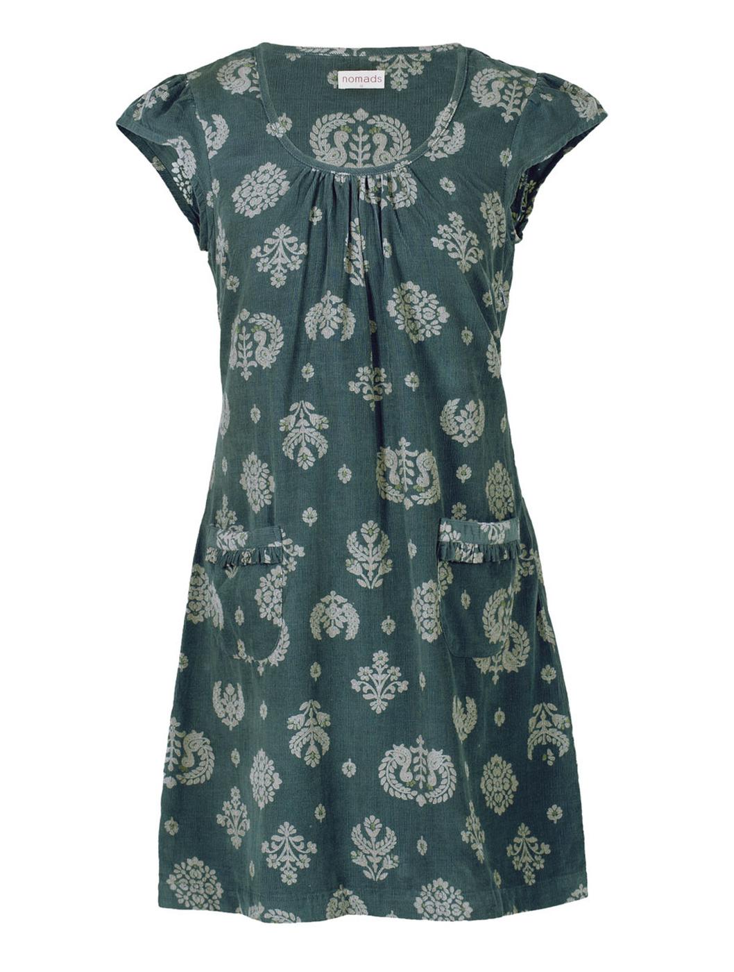 NOMADS Retro 1960s Cord Pinafore Dress in Green Print