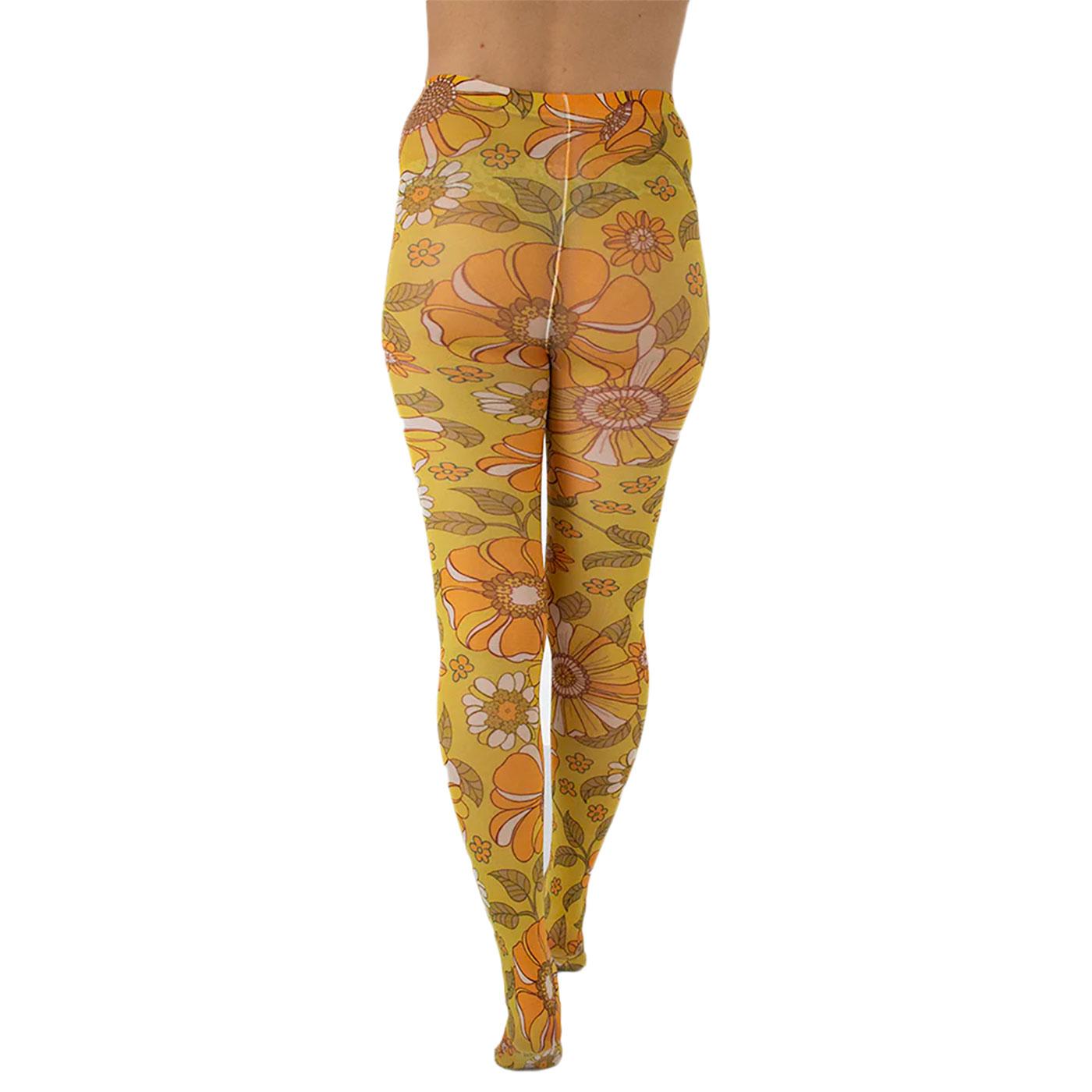 PAMELA MANN Retro 70s Throwback Floral Tights in Mustard