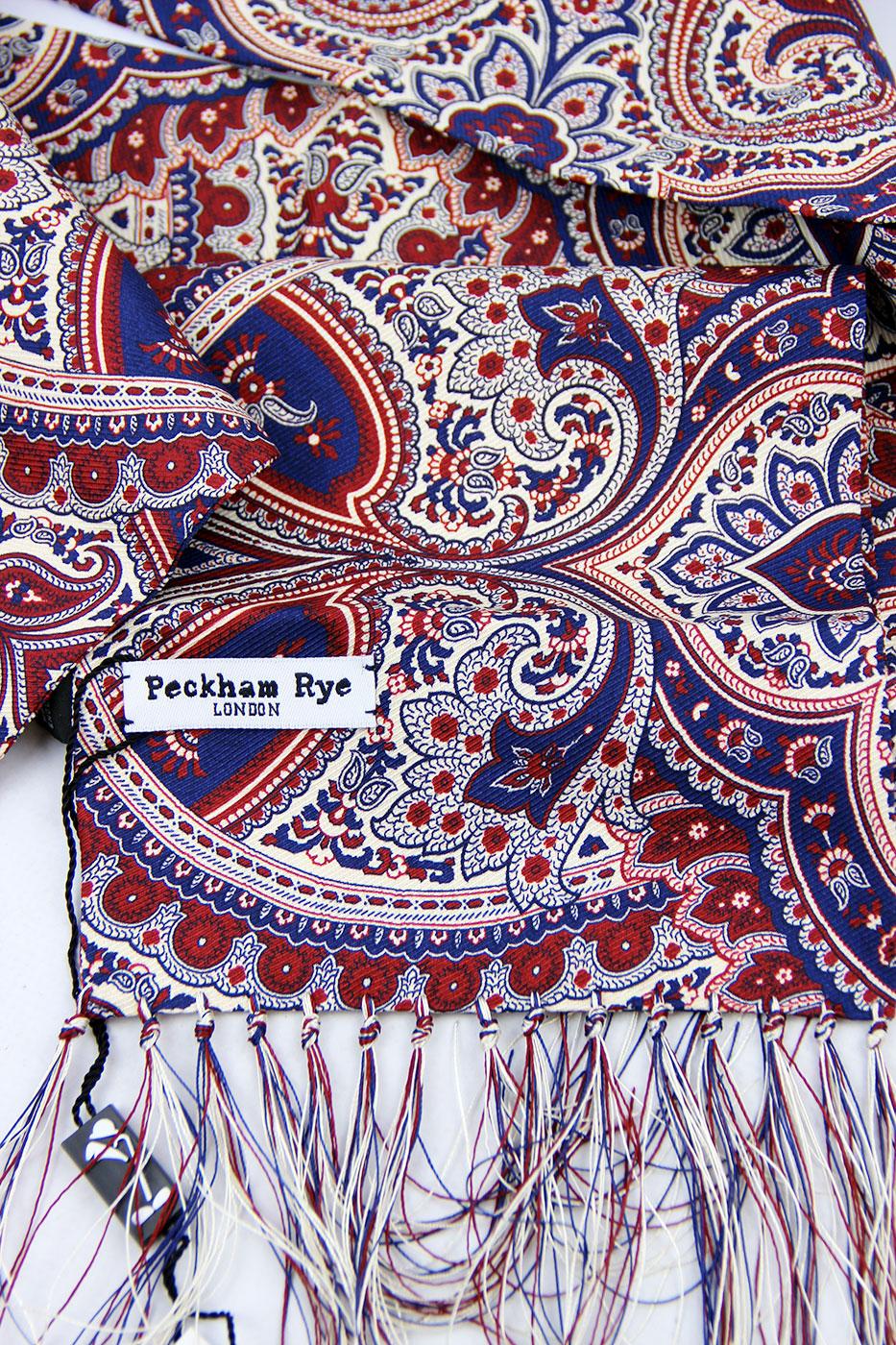 PECKHAM RYE Baroque Paisley Retro Mod Silk Scarf Navy/Cream/Red