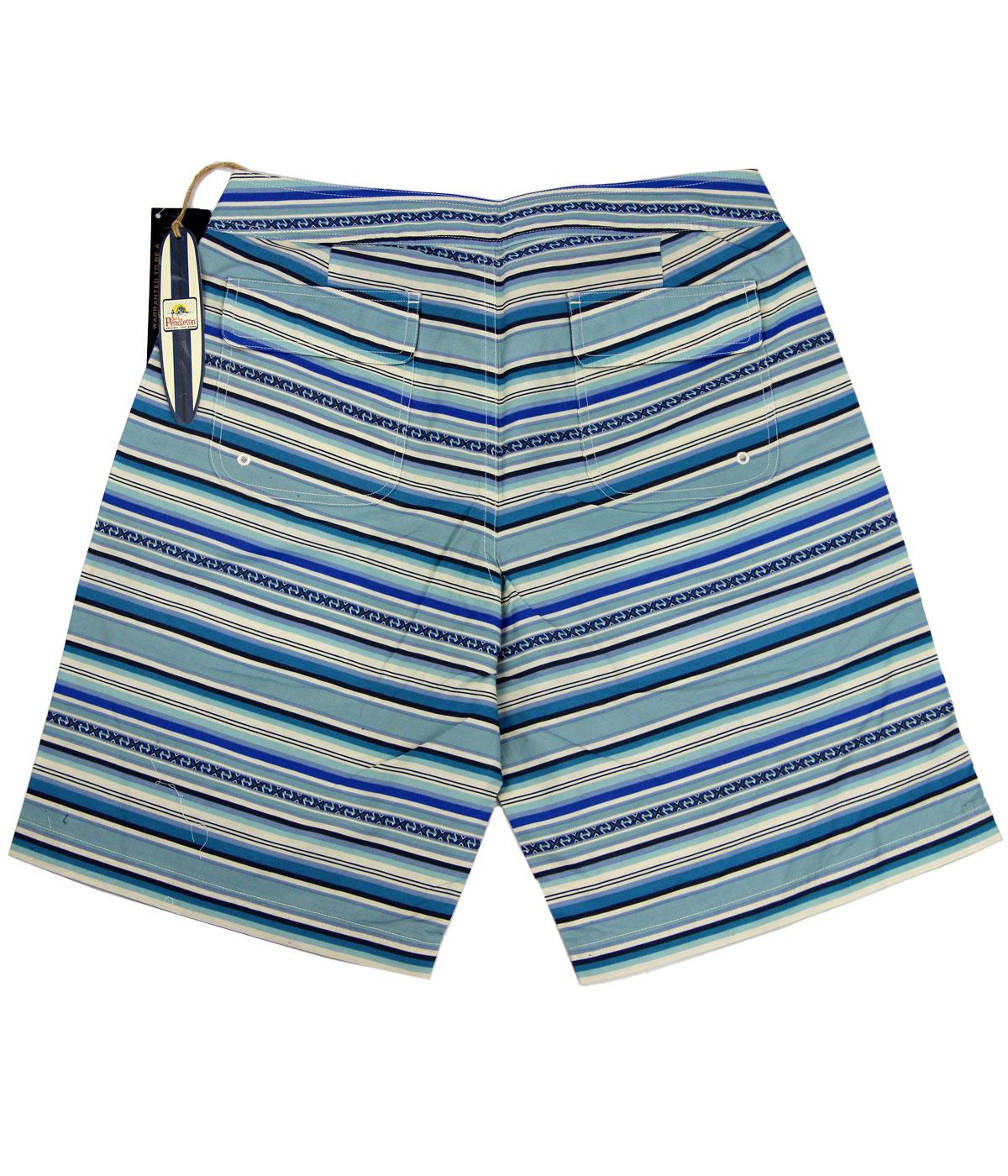 PENDLETON Retro 1960s Surf Stripe Drawstring Board Shorts in Blue