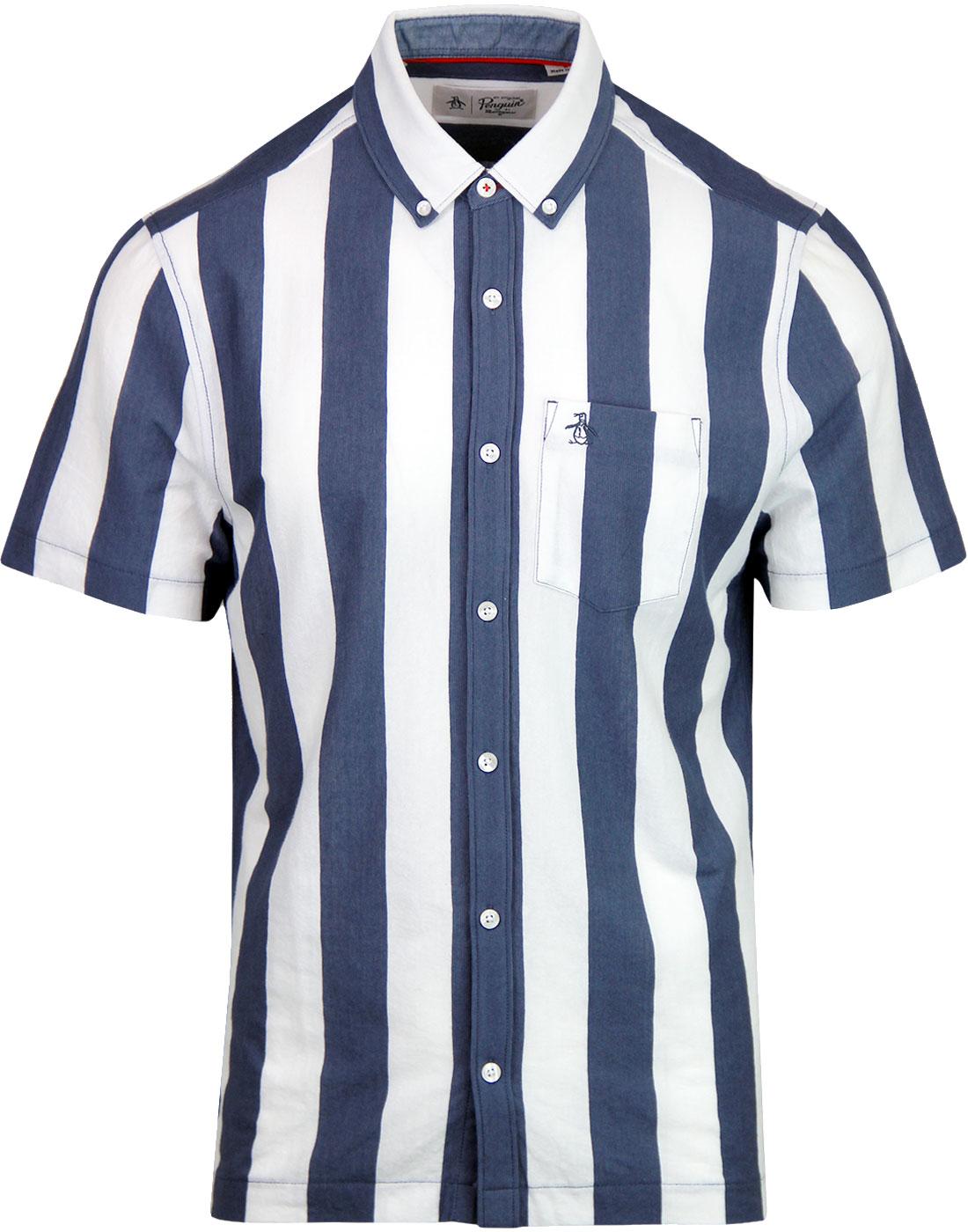 ORIGINAL PENGUIN Knitted Vertical Stripe Mod Shirt in Indigo
