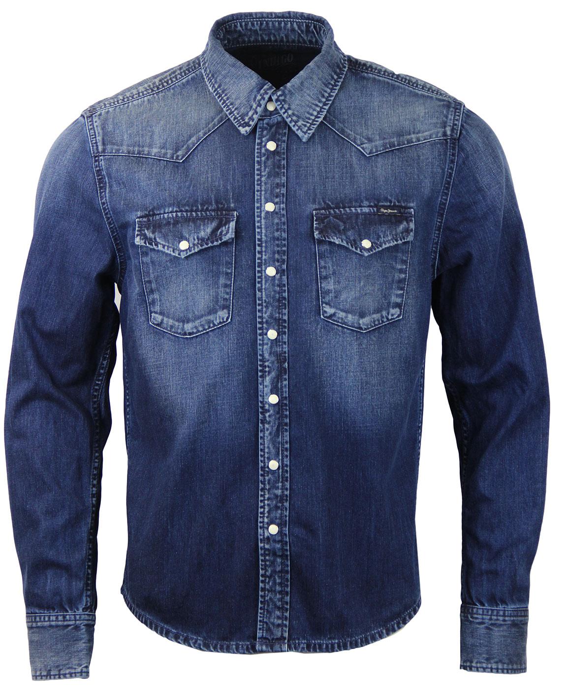 PEPE JEANS Carson Retro Indie Distressed Dark Wash Denim Shirt