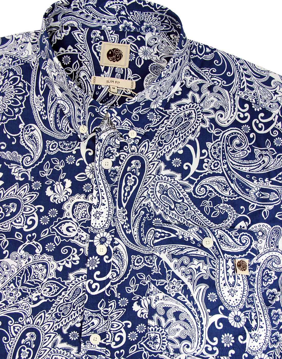 PRETTY GREEN Men's 60's Mod S/S Paisley Shirt in Blue