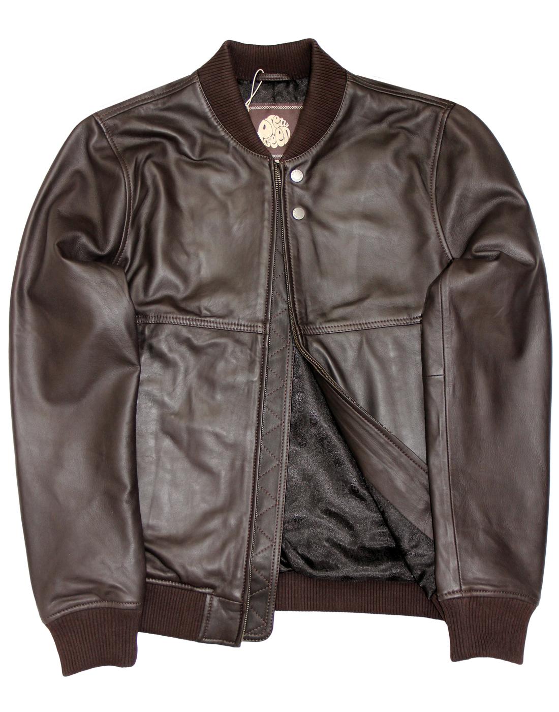 PRETTY GREEN Dover Men's Retro 70s Leather Bomber Jacket in Brown