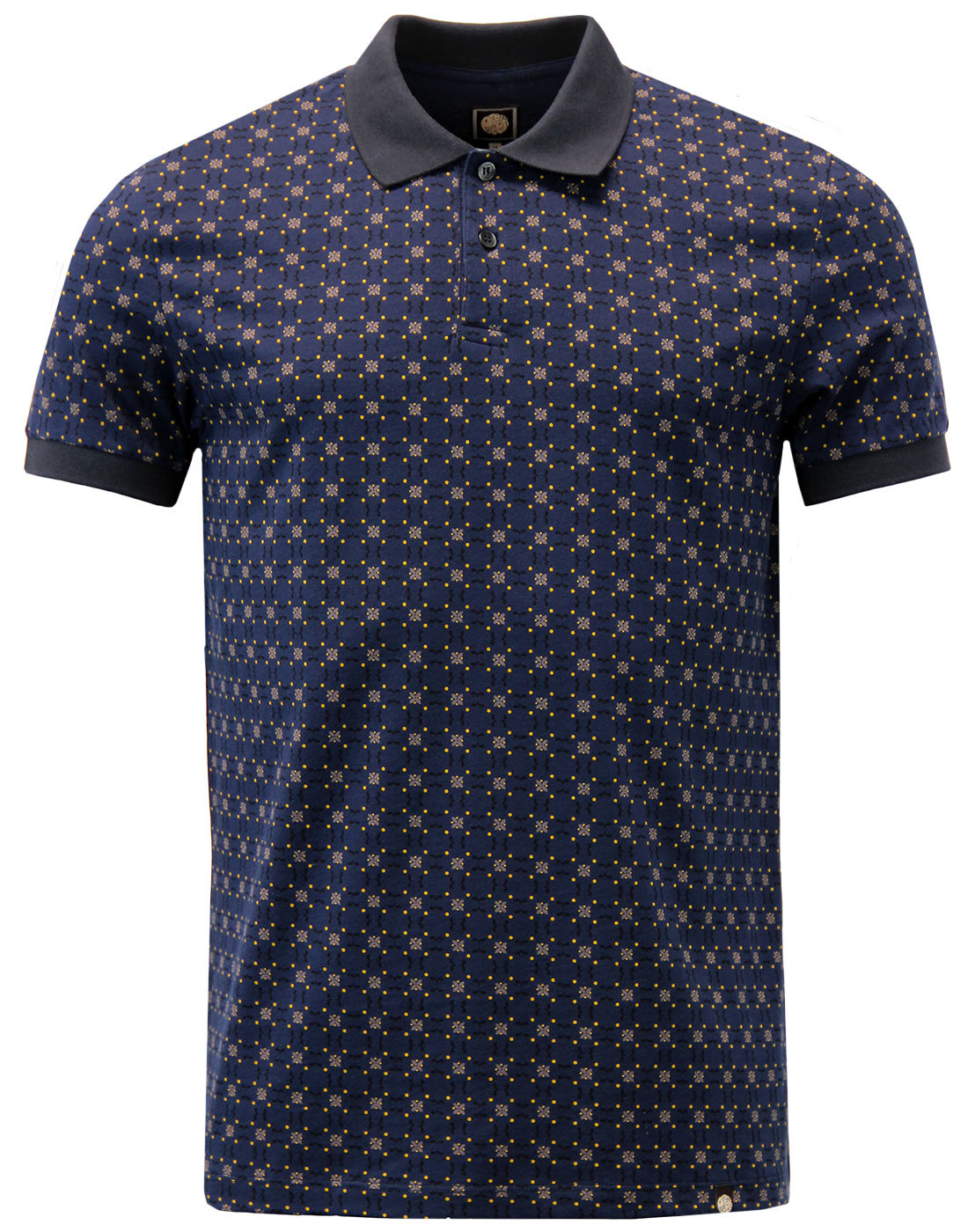 PRETTY GREEN Carville Mens Mod 60s Geometric Floral Polo in Navy