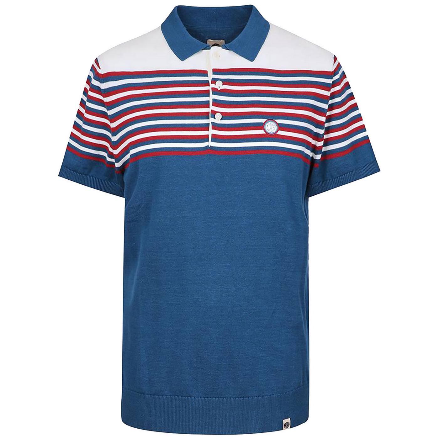 PRETTY GREEN Mod Striped Colour Block Knitted Polo in Blue