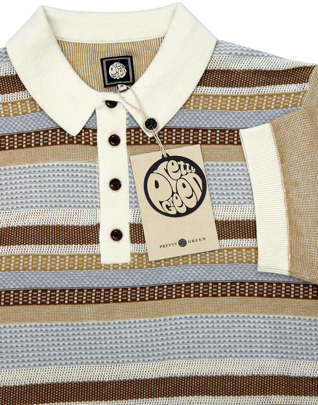 PRETTY GREEN Fortrose 1960s Mod Textured Yarn Stripe Polo Stone