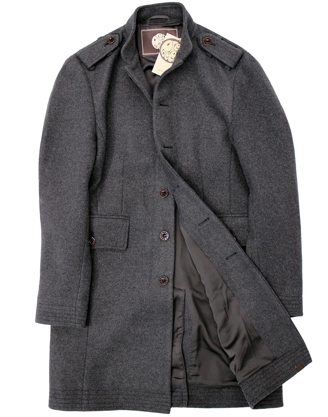 PRETTY GREEN Hampton 60s Mandarin Collar Wool Coat in Charcoal