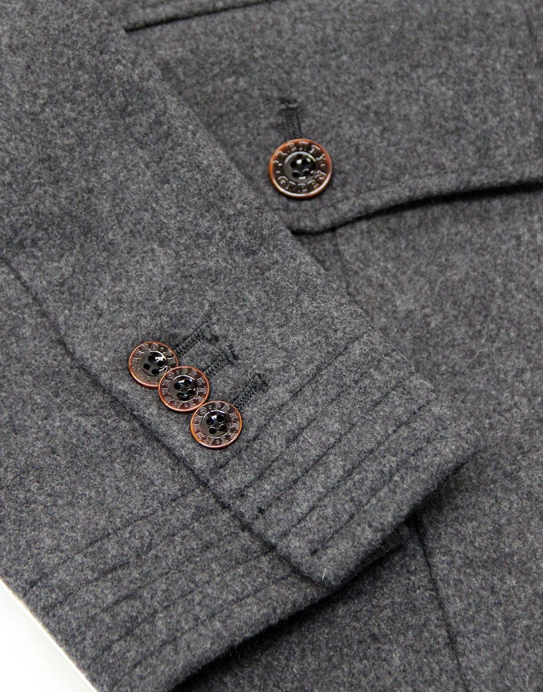 PRETTY GREEN Hampton 60s Mandarin Collar Wool Coat in Charcoal