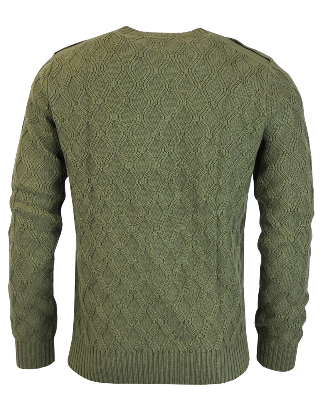PRETTY GREEN Hertford 60s Mod Cable Knit Army Jumper in Khaki