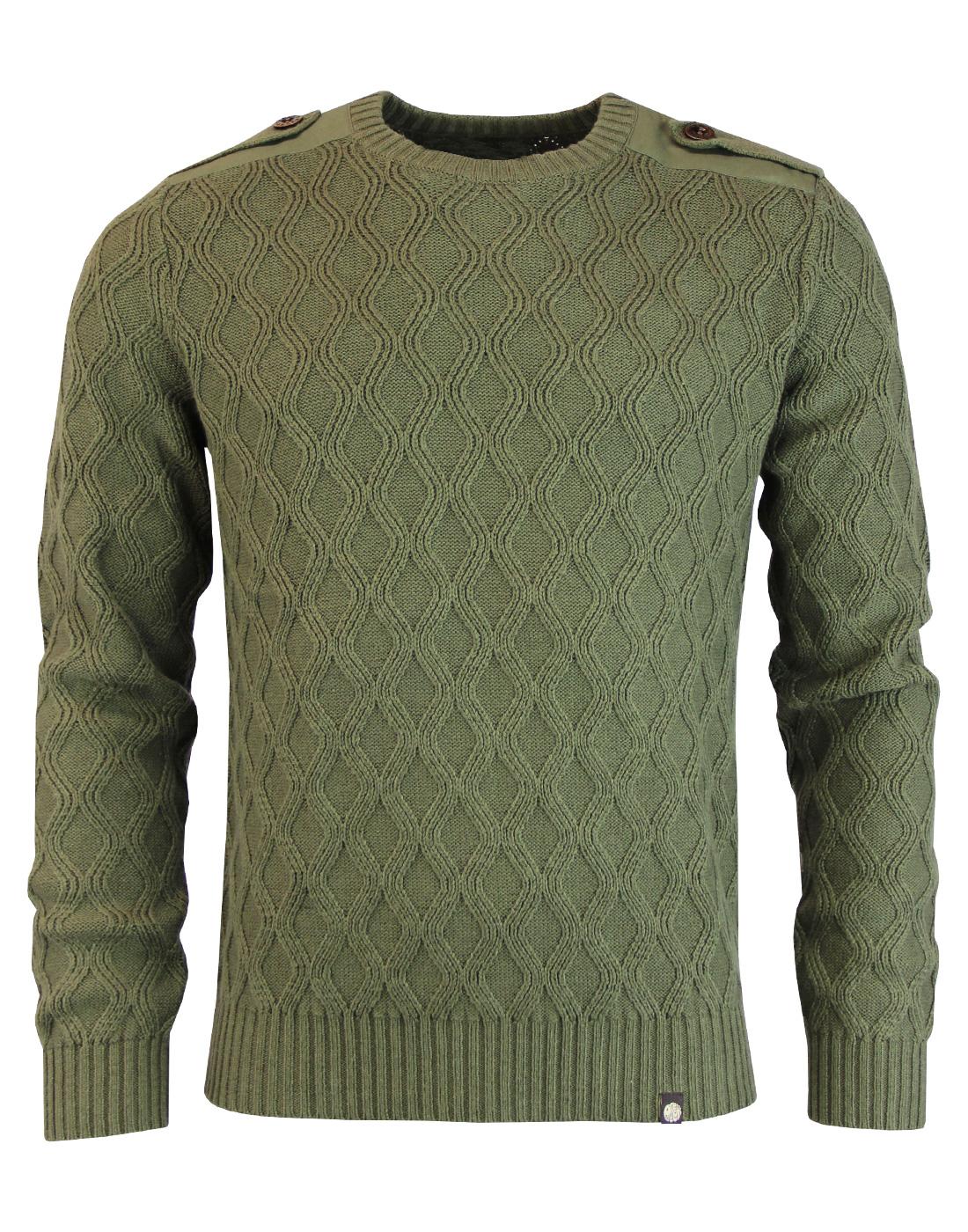 PRETTY GREEN Hertford 60s Mod Cable Knit Army Jumper in Khaki