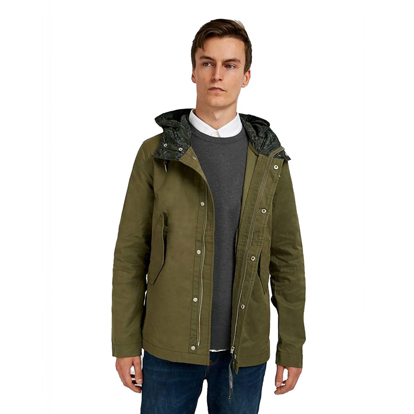 PRETTY GREEN Mens Retro Hooded Cotton Jacket in Green