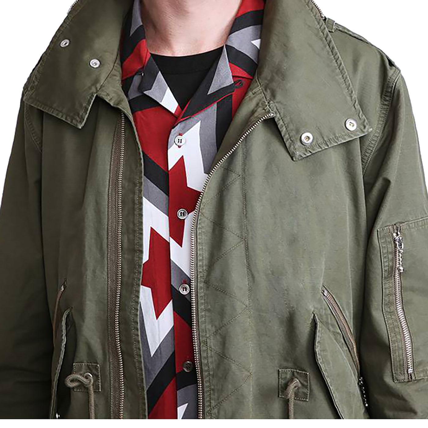 PRETTY GREEN 60's Mod Zip Through Parka Jacket in Khaki